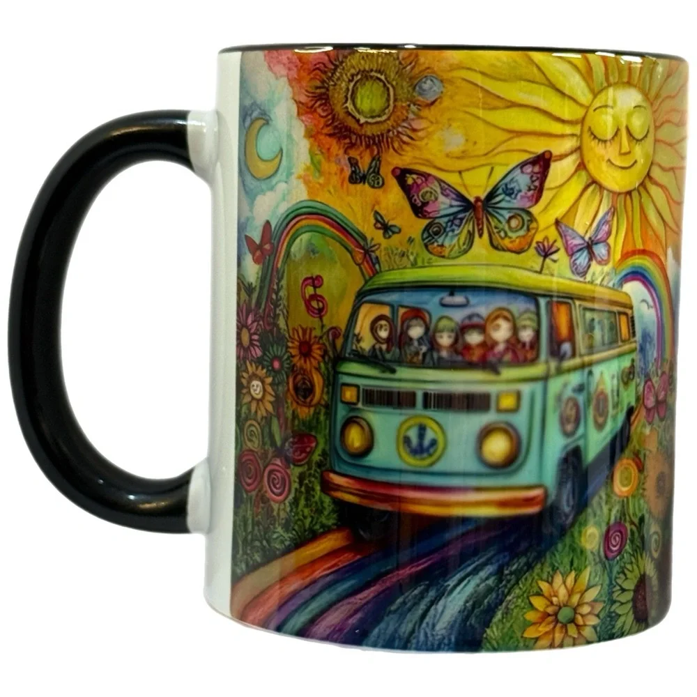 Psychedelic Peace Van Mug - Retro Hippie Art -Rainbow Road Sunflower Ceramic Cup